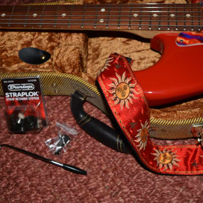 A firery Fender Player Stratocaster in Red w/New Flame Pickguard, New Dunlop Straploks, New Case, & New Set-Up! image 15