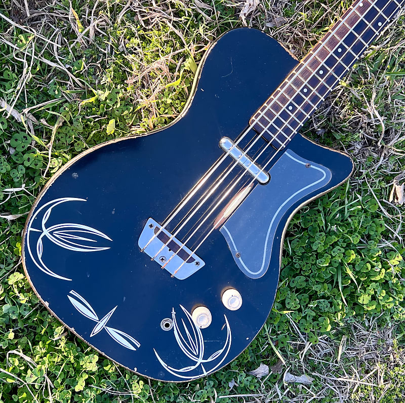 1959 Silvertone Model 1444 Danelectro Made Dolphin Nose Bass Guitar Black over Copper image 1