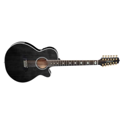 Takamine TSP158C12SBL Made in Japan 12-String Thinline Acoustic Electric Guitar with Spruce Top, Figured Maple Back and Sides, Ct-3N Electronics, Chrome Hardware, Semi-Hard Case (See-Thru Black Gloss) image 3