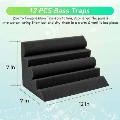12 Pack Set 7" X 7" X 12" Acoustic Foam Bass Traps Corner Studio Foam with Adhesive Tape image 2