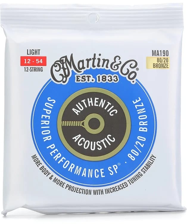 Martin MA190 Authentic Acoustic Superior Performance 80/20 Bronze Guitar Strings - .012-.054 Light 12-string