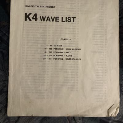 Kawai K4 Wave List Original Owners Manual / User Manual