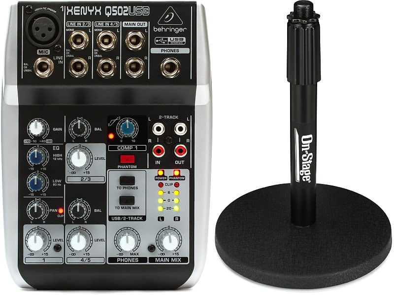 Behringer Xenyx Q502USB Mixer with USB  Bundle with On-Stage Stands DS7200B Adjustable Desktop Microphone Stand image 1