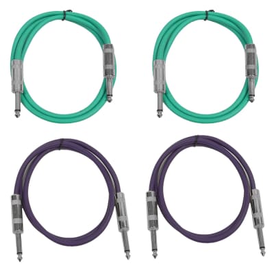 4 Pack of 3 Foot 1/4" TS Patch Cables 3' Extension Cords Jumper - Green & Purple image 1