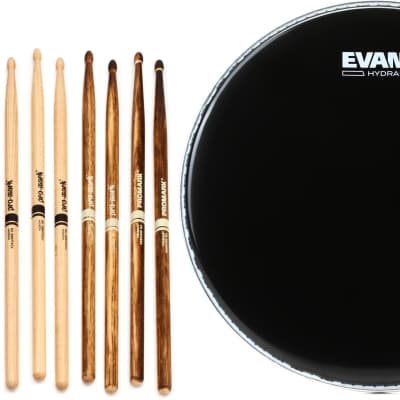 Promark Classic FireGrain Stick Bundle with Bag  Bundle with Evans Hydraulic Black Drumhead - 12 inch image 1