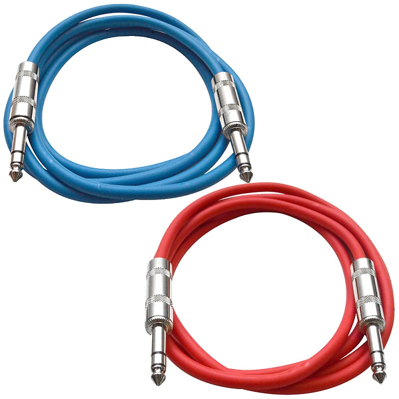 2 Pack of 1/4" TRS Patch Cables 6 Foot Extension Cords Jumper Blue and Red image 1