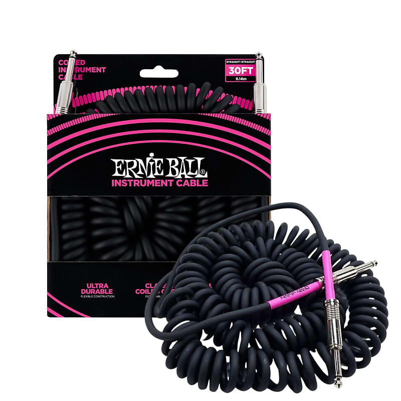 Ernie Ball Black Instrument Cable Ultraflex 30' Coiled Straight/Straight 6044 image 1