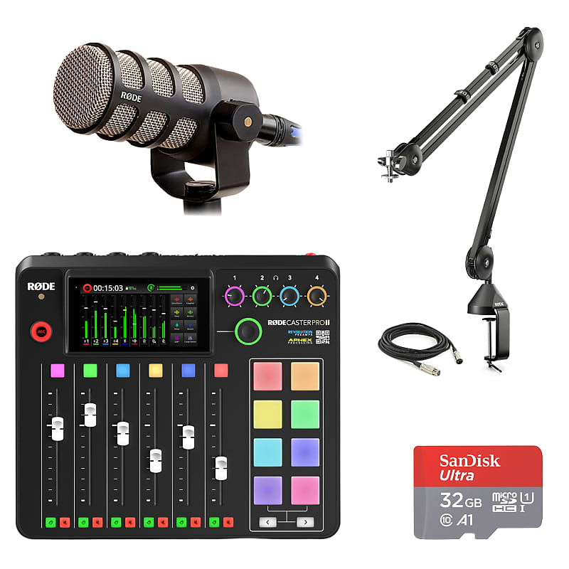 Rode RODECaster Pro II Integrated Audio Production Console with Rode PodMic  Dynamic Podcasting Microphone, PSA1 Professional Microphone Arm, SanDisk  32GB microSD Card, XLR Cable and StreamEye Cloth