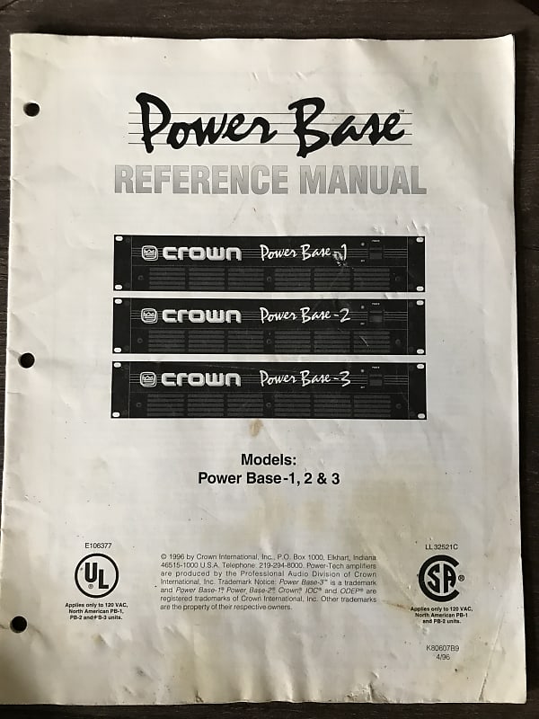Crown Power Base Reference (Owners) Manual Models 1,2,3 1996 Reverb