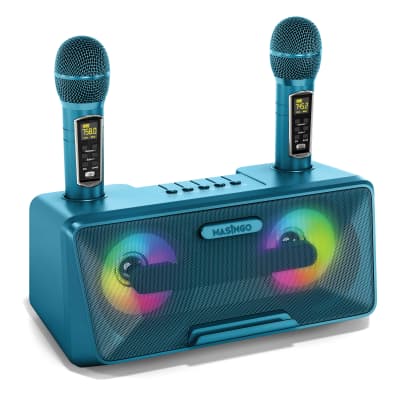 MASINGO Karaoke Machine for Adults and Kids with 2 UHF Wireless Microphones, Portable Bluetooth Singing Speaker, Colorful LED Lights, PA System, Lyrics Display Holder & TV Cable - Presto G2 Turquoise image 1