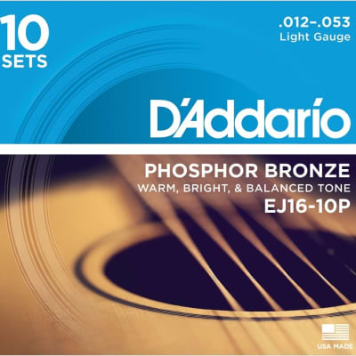 D'Addario EJ16 Phosphor Bronze Acoustic Guitar Strings - .012-.053 Light (10-pack) image 1