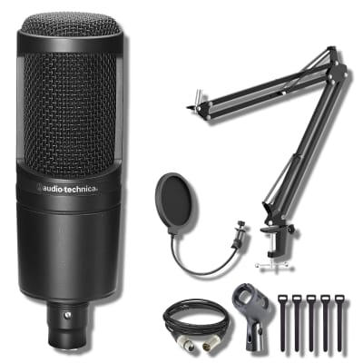 Audio-Technica AT2040 Dynamic Podcast Microphone with StreamEye Boom Arm Mic Stand with Desktop Mount, Detachable Clip, Professional Grade XLR Cable, Microphone Pop Filter, and Cable Ties