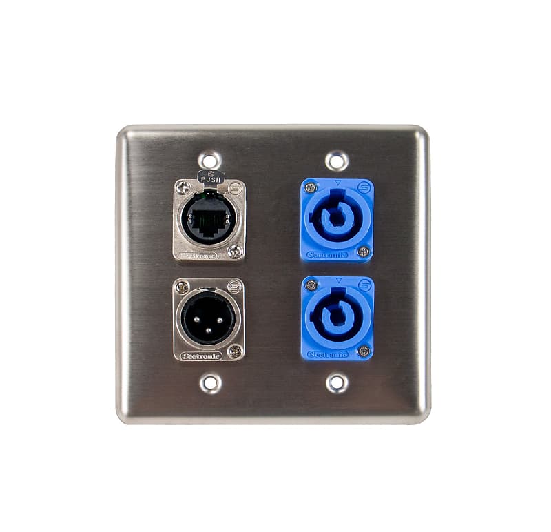OSP Q-4-2PCB1E1XM Quad Wall Plate w/ 2 Powercon A, 1 Tactical Ethernet, and 1 XLR Male image 1