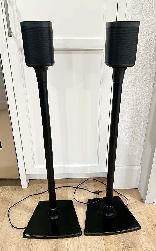 Pair of Sonos One Speakers Black with Sanus Speaker Stands  			