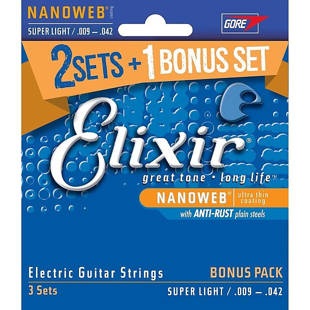 Elixir 16540 Nanoweb Nickel-Plated Steel Electric Guitar Strings - Super Light (9-42) 3-Pack image 1