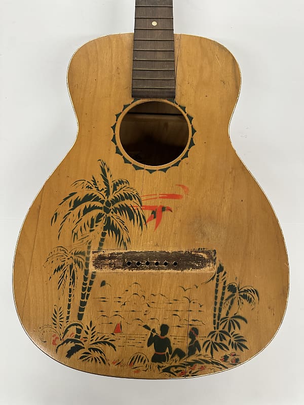 Vintage 1930s Supertone Harmony Regal Parlor Acoustic Hawaiian Palm Tree Stencil Guitar Project Luthier Special image 1