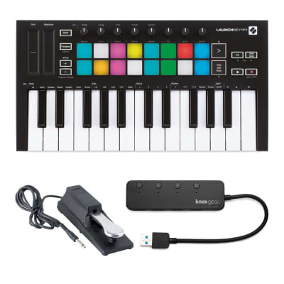Novation Launchkey Mini MK3 25 Mini-Key MIDI Keyboard with Sustain Pedal and Knox 4 Port 3.0 USB Hub