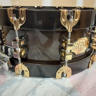 Premier 75th Anniversary Signia 14x5.5" 10-Lug Maple Snare Drum with Wood Hoops, Gold Hardware 1997 - Ebony image 3