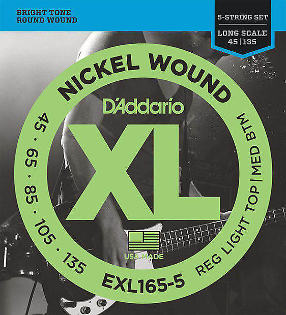 D'Addario EXL165-5 Nickel Wound Long Scale Bass Guitar Strings, Custom Light Top / Medium Bottom Gauge image 1