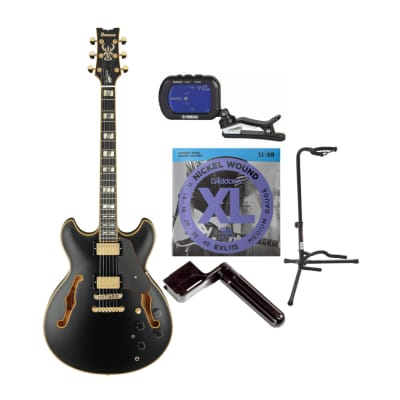 Ibanez John Scofield Signature 6-String Electric Guitar with Case (Black Low Gloss) Bundle with Clip-On Chromatic Tuner, Tripod Guitar Stand, Electric Guitar Strings and Guitar String Winder for sale