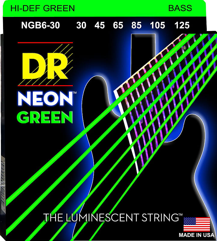 DR NGB6 30 Neon GREEN Bass Guitar Strings 6 string set gauges 30 125