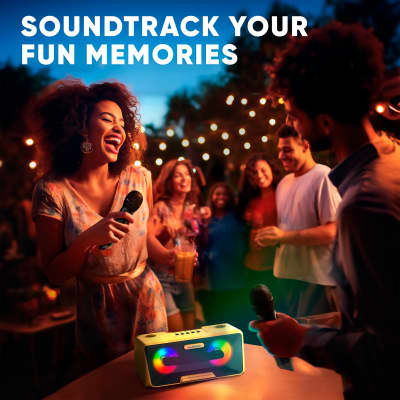 MASINGO Karaoke Machine for Adults and Kids with 2 UHF Wireless Microphones, Portable Bluetooth Singing Speaker, Colorful LED Lights, PA System, Lyrics Display Holder & TV Cable - Presto G2 Wood image 2