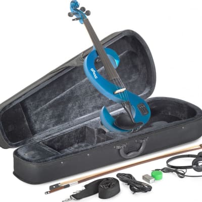 4/4 electric violin set with S-shaped metallic blue electric violin, soft case and headphones image 1