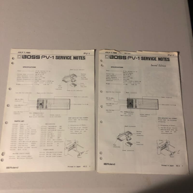 1980 Roland Boss PV-1 Rocker Volume Service Notes Note