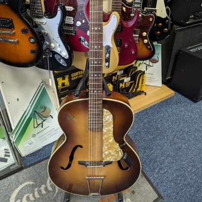 Hofner 450 Archtop Acoustic Guitar. Recent Refret. Original scratch Plate. Early 1950s to Late 1960s. VGC. W/Hiscox Case image 1
