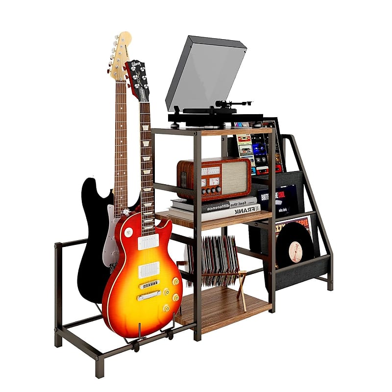 Multiple Guitars Stand 2-Tier for Acoustic, Electric Guitar, Bass, Record  Player Stand with 3-Tier Storage Vinyl Record Storage, Suitable Music