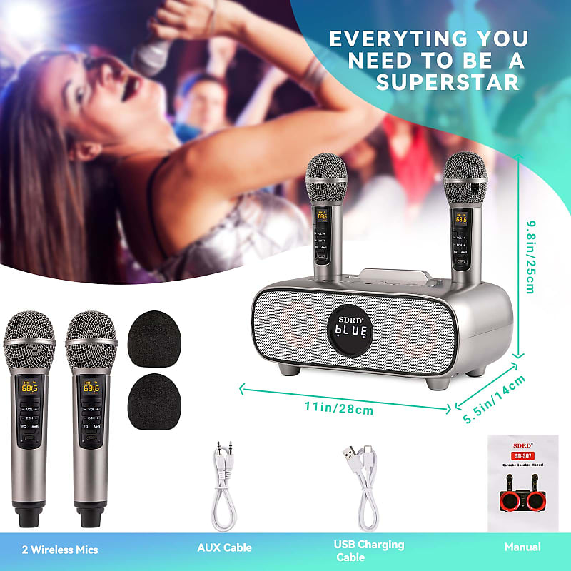 Karaoke Machine for Adults and Kids,Portable Bluetooth 2 Wireless Karaoke  Microphone with Holder/USB/TF Card/AUX-in, PA Speaker System for Home  Party