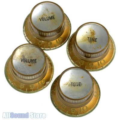 (4) RELIC AGED GOLD Bell REFLECTOR KNOBS for Epiphone, Metric Pots Guitar/Bass