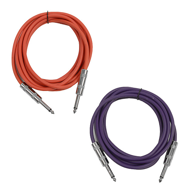 2 Pack of 10 Foot 1/4" TS Patch Cables 10' Extension Cords Jumper - Red & Purple image 1