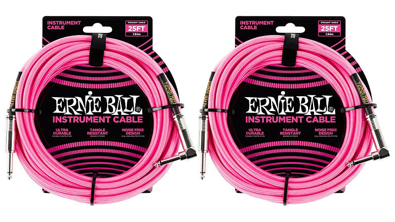 Ernie Ball 25ft Braided Straight Angle Inst Cable Neon Pink 2 Pack image 1