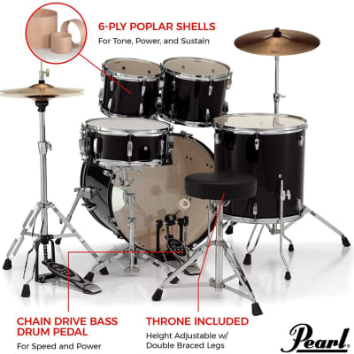 Pearl Roadshow 5-Piece New Fusion Drum Set Jet Black image 6