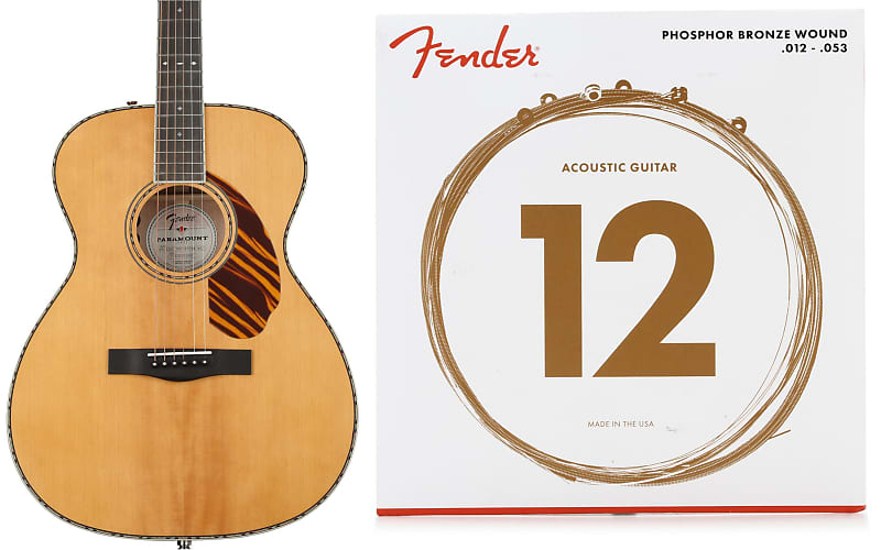 Fender Paramount PO 220E Orchestra Acoustic electric Guitar Natural Bundle with Fender 60L Phosphor Bronze Acoustic Guitar Strings .012 .053 Light