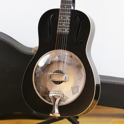 1980s Vintage Regal Resonator Acoustic Guitar Round Neck with F Holes Black & White Binding OHSC image 3