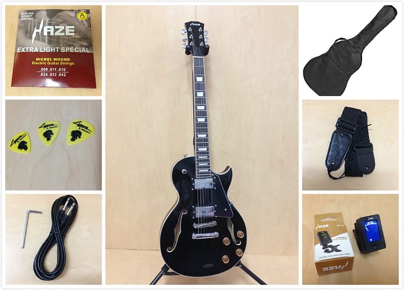 Haze E 239BK Semi Hollow Les Paul Guitar Black Gig Bag