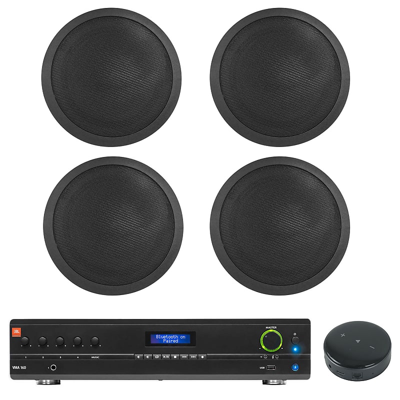 JBL Commercial 70v Amp+Wifi Receiver+4) Black 5&quot; Ceiling Speakers For Restaurant  			