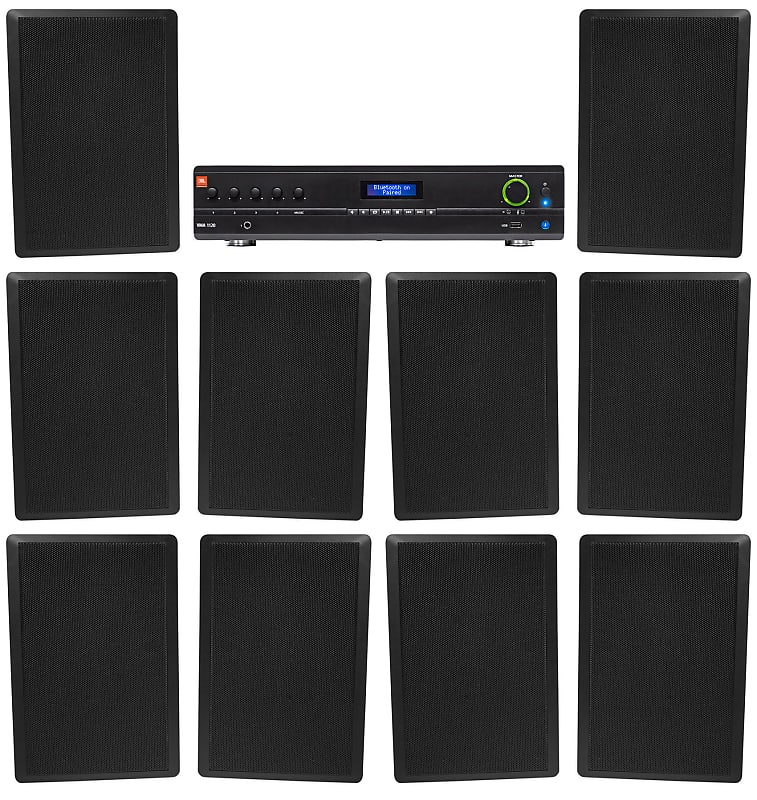 JBL Commercial Amplifier+(10) Slim Black Wall Speakers for Restaurant/Bar/Cafe  			