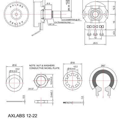 AxLabs 250K Audio Taper Potentiometer -  Short 5/8" Length, Solid 3/8" Shaft image 3
