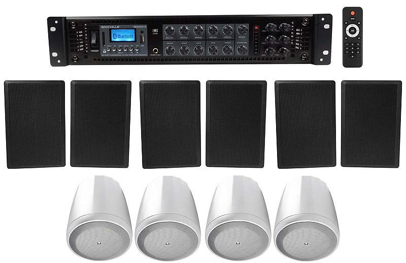 6-Zone Amp+4 JBL White Pendant+6 Slim Black Wall Speakers 4 Restaurant/Bar/Cafe  			
