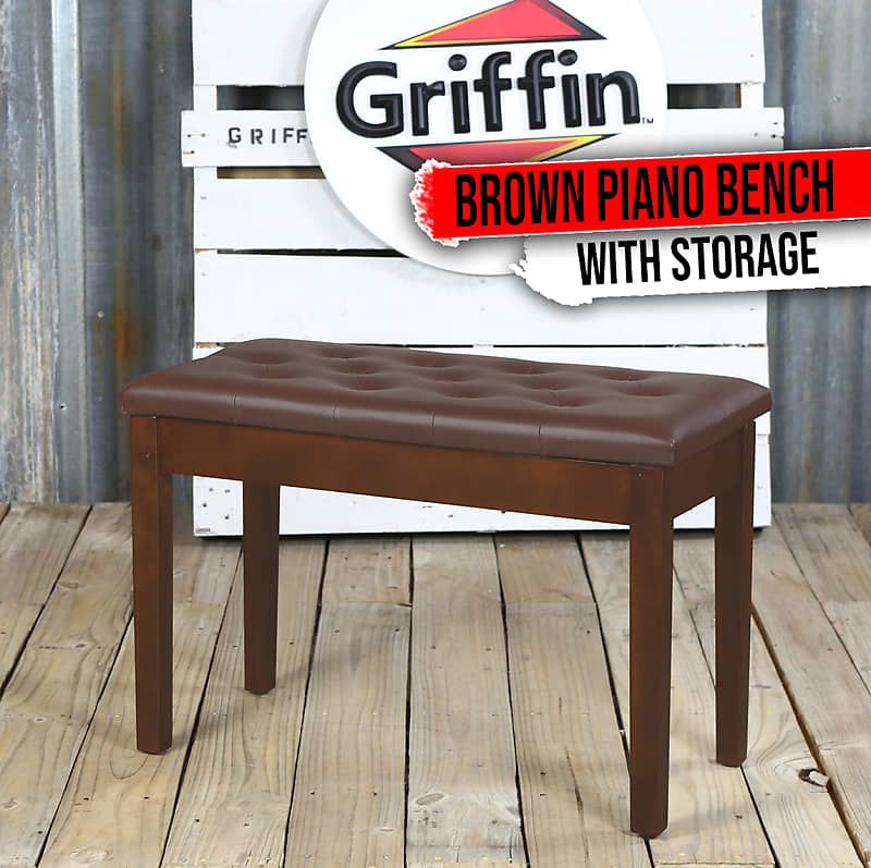GRIFFIN Brown Leather Piano Bench Wood Keyboard Seat Music Storage Guitar Stool image 1