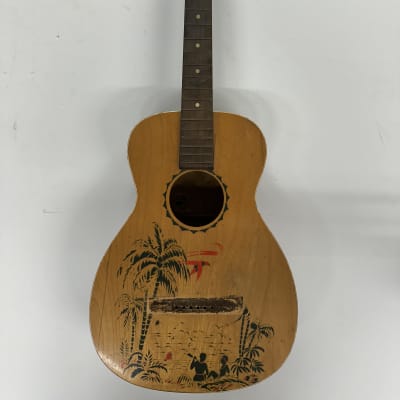 Vintage 1930s Supertone Harmony Regal Parlor Acoustic Hawaiian Palm Tree Stencil Guitar Project Luthier Special image 2