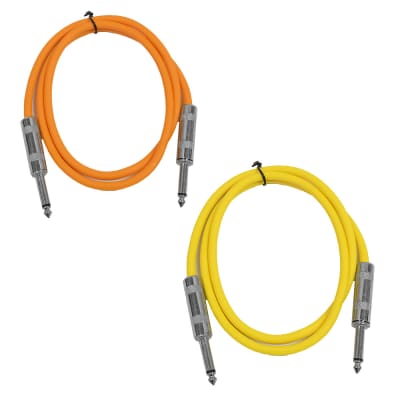 2 Pack of 2 Foot 1/4" TS Patch Cables 2' Extension Cords Jumper - Orange & Yellow image 1