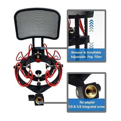 Microphone Shock Mount With Pop Filter Universal Shock Stand For Microphones Size At 21-62Mm Anti-Vibration Mic Holder Clip Compatible With At2020 Mxl 990 770 Rode Nt1-A Neumann 103(Red) image 2