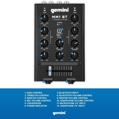 Gemini Sound MM1BT Bluetooth Professional Audio 2-Channel Dual Mic Input Stereo 2-Band Rotary Compact DJ Podcast Mixer with Cross-Fader and Individual Gain Control image 2