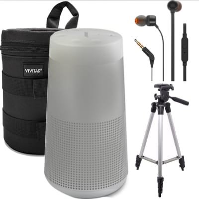 Bose SoundLink Revolve Bluetooth Speaker Lux Gray + JBL T110 in Ear Headphones + Speaker Case + Tall Tripod + Cleaning Kit image 1
