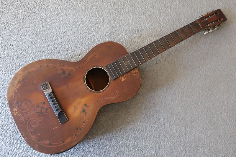 Vintage 1930s Supertone Hawaiian Acoustic Parlor Guitar Stencil Beatup Worn In Prop Artwork image 1