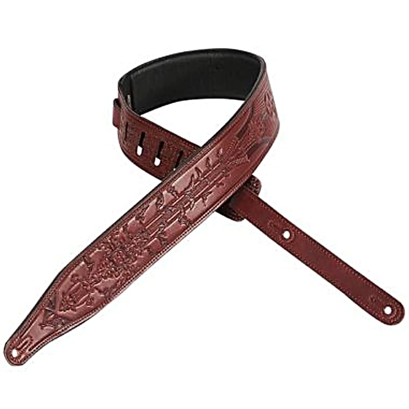 Levy's M17T05 2 1/2" WIDE Tooled Bat Design Padded LEATHER GUITAR STRAP Brown 2015 Burgundy image 1